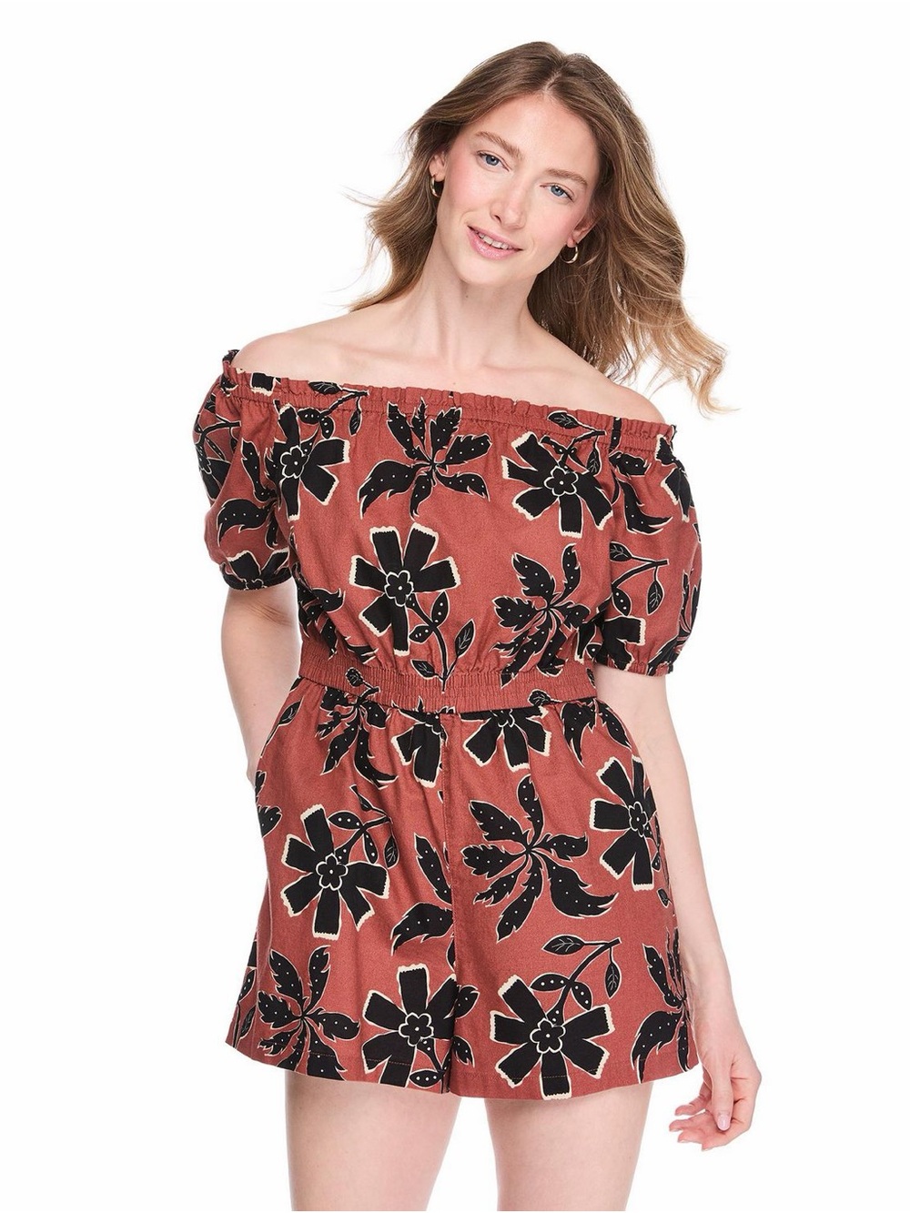 George Off-Shoulder Floral Romper in Terracotta